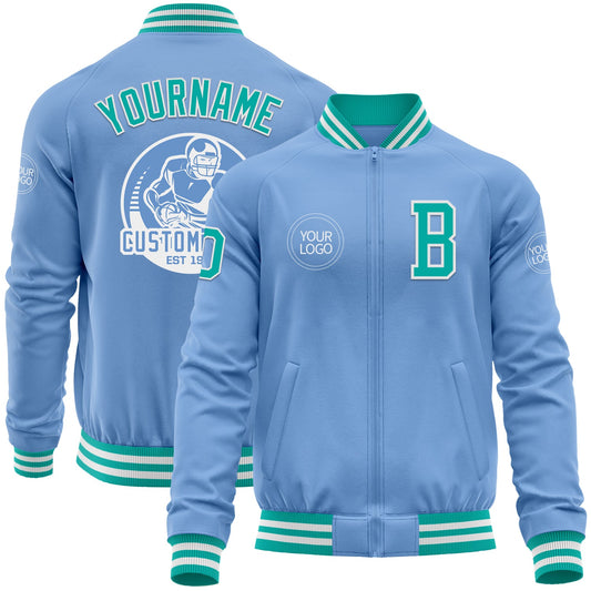 Custom Light Blue Aqua-White Bomber Varsity Letterman Zipper Jacket - Main View