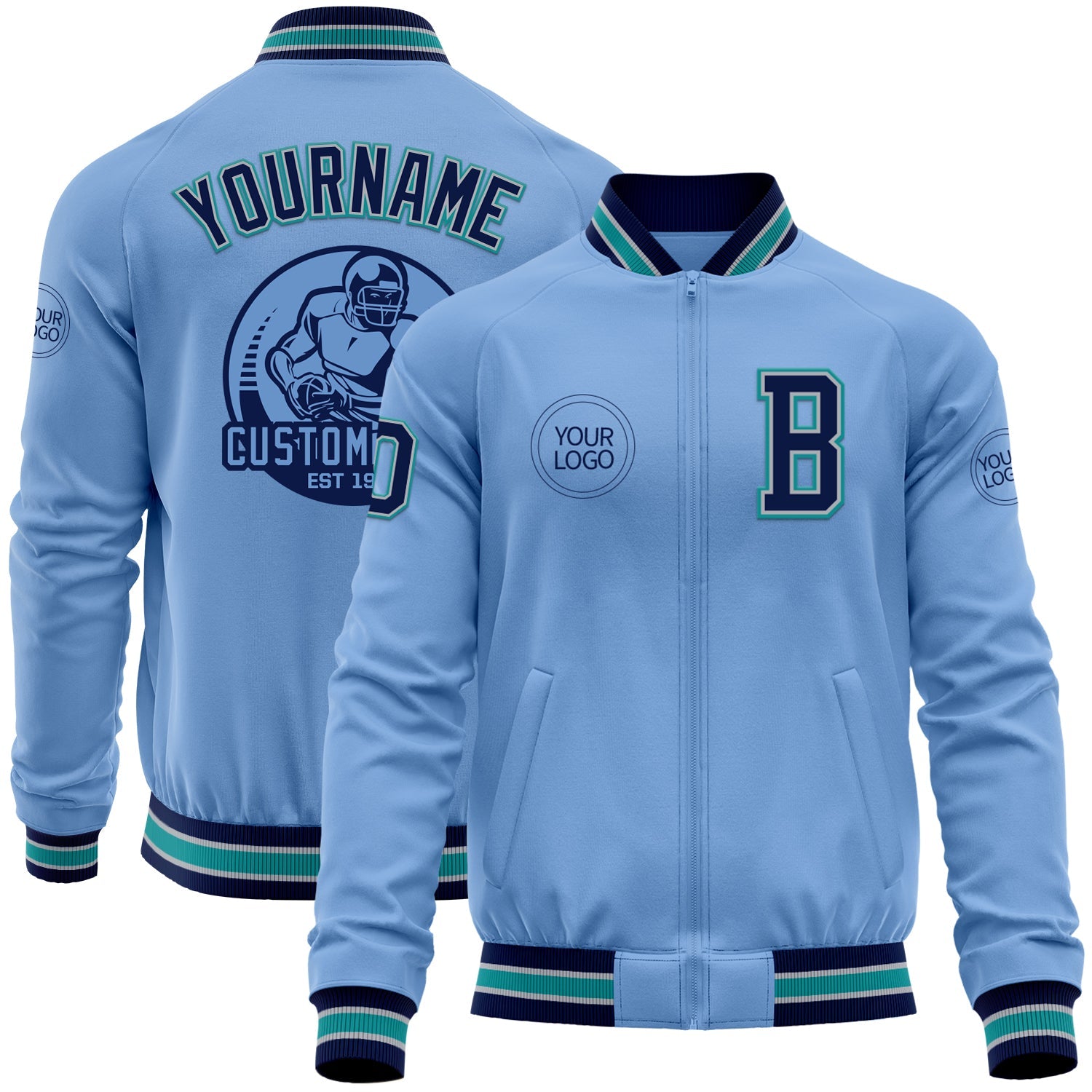 Custom Light Blue Navy Gray-Teal Bomber Varsity Letterman Zipper Jacket - Main View