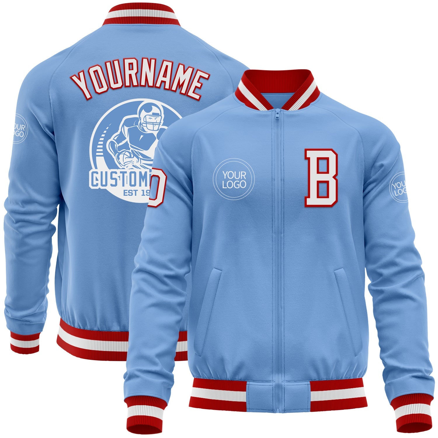 Custom Light Blue White-Red Bomber Varsity Letterman Zipper Jacket - Main View