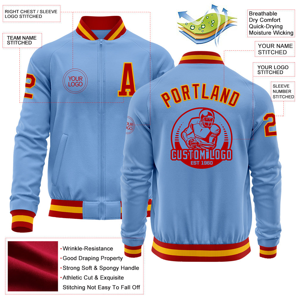 Custom Light Blue Red-Gold Bomber Varsity Letterman Zipper Jacket view 4