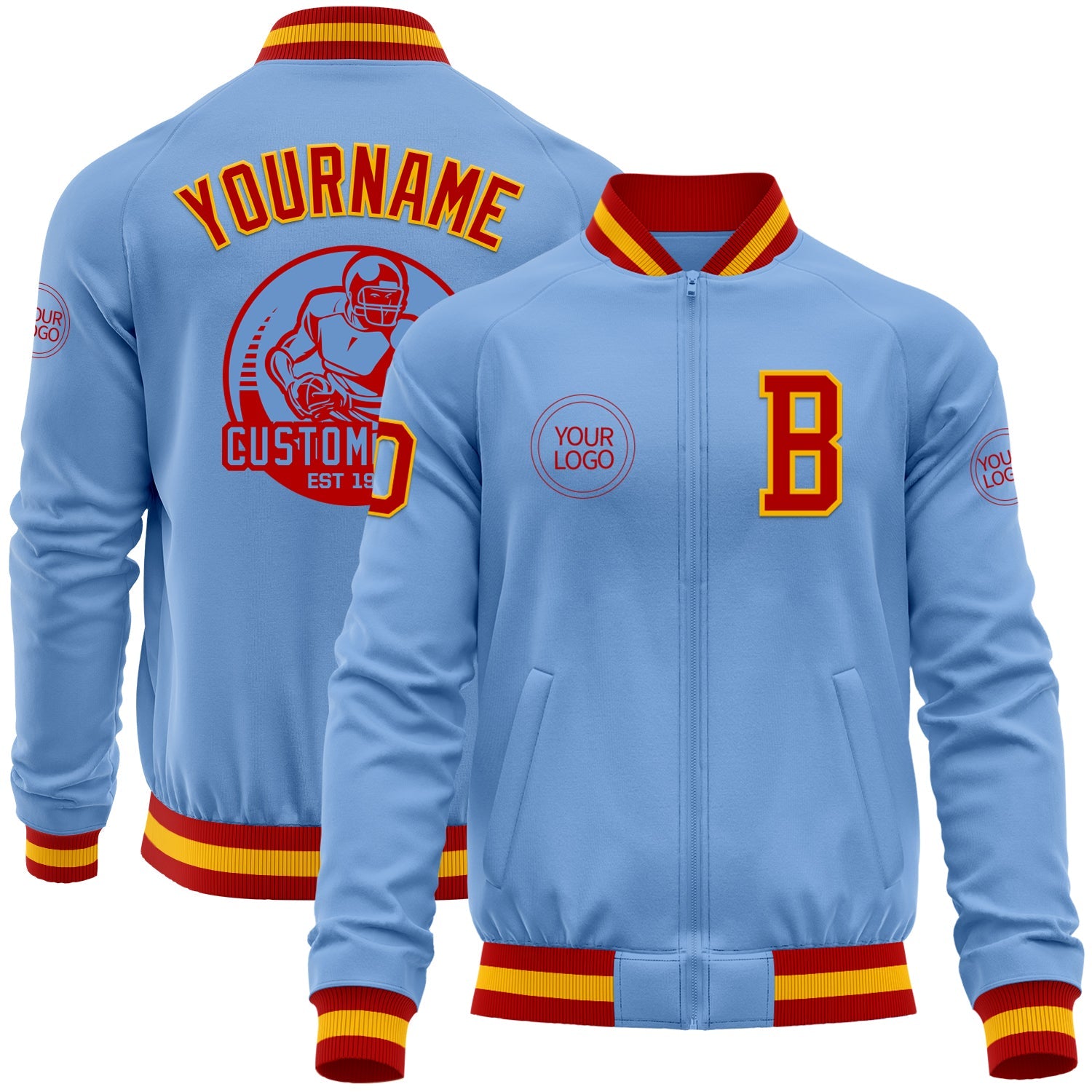 Custom Light Blue Red-Gold Bomber Varsity Letterman Zipper Jacket - Main View