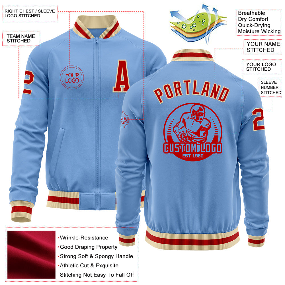 Custom Light Blue Red-Cream Bomber Varsity Letterman Zipper Jacket view 4
