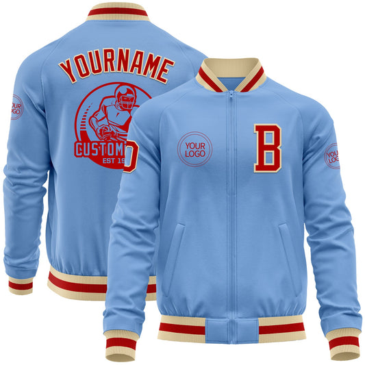 Custom Light Blue Red-Cream Bomber Varsity Letterman Zipper Jacket - Main View