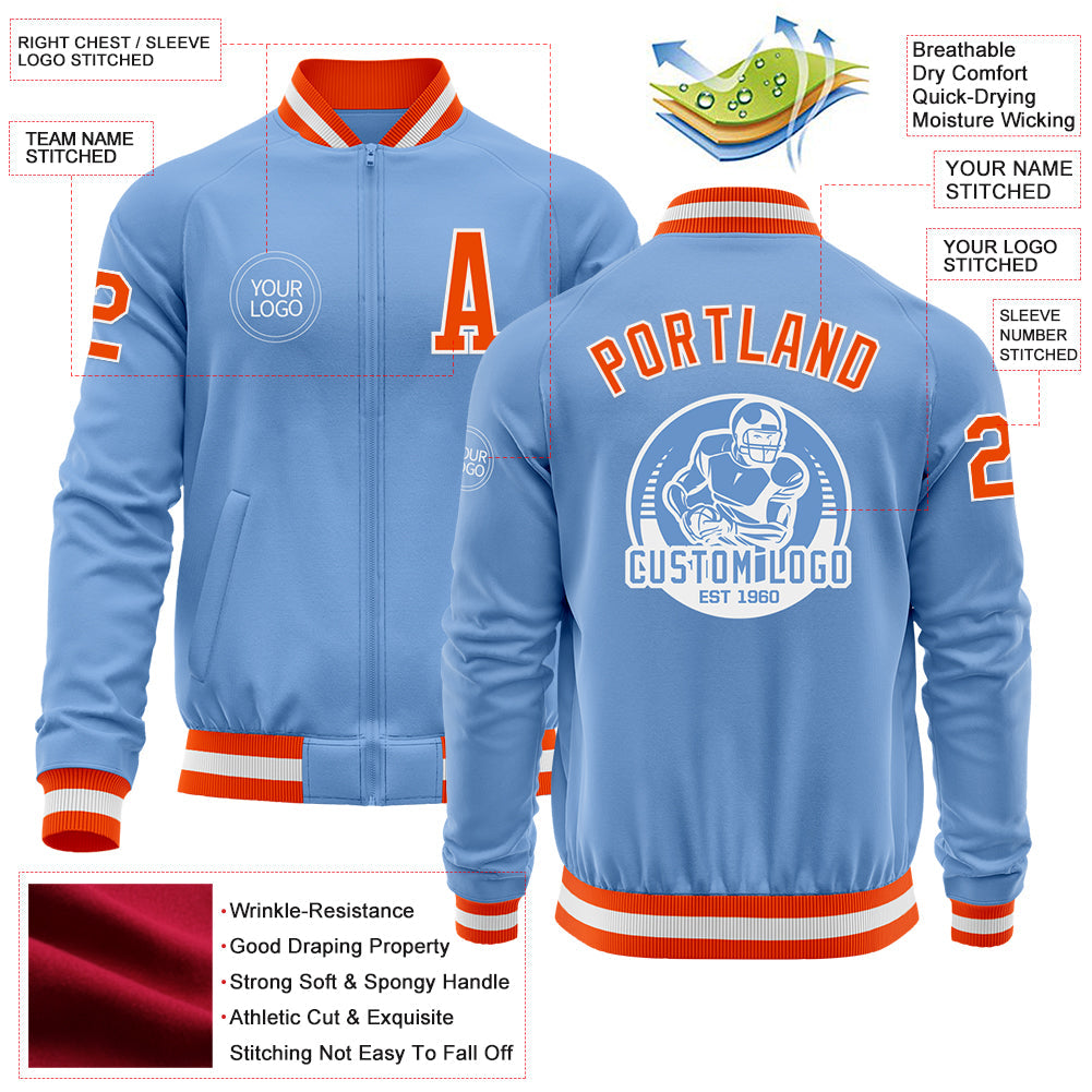 Custom Light Blue Orange-White Bomber Varsity Letterman Zipper Jacket view 4