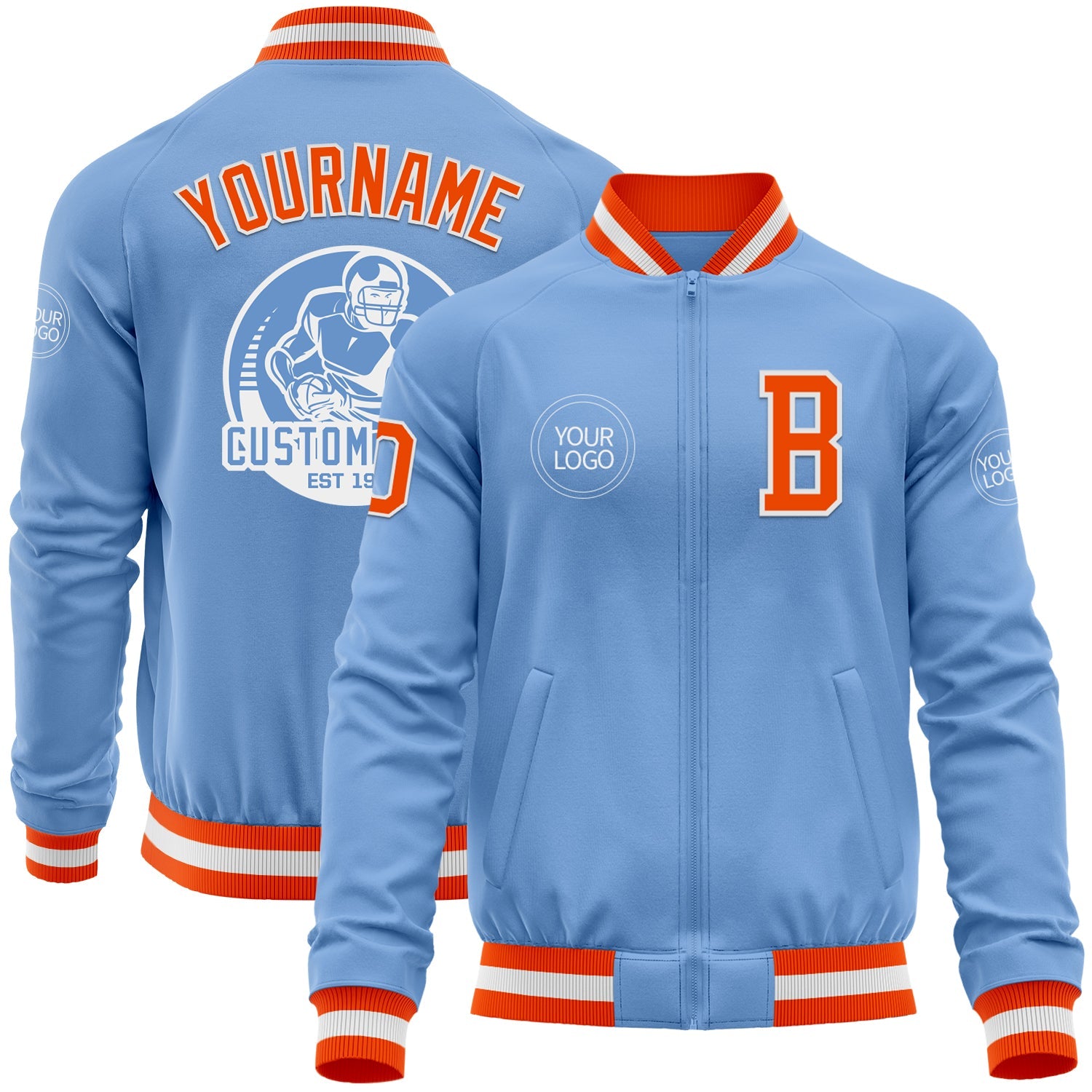 Custom Light Blue Orange-White Bomber Varsity Letterman Zipper Jacket - Main View