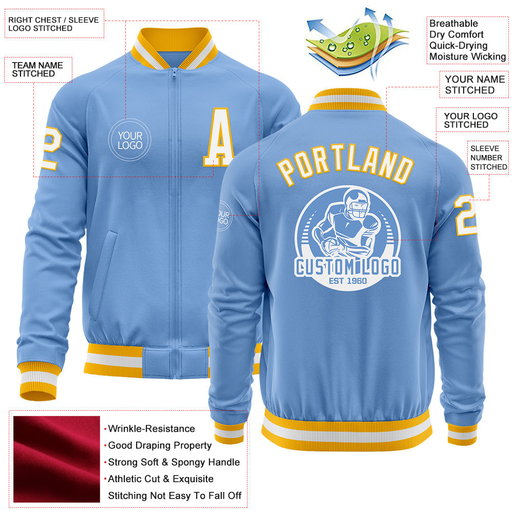 Custom Light Blue White-Gold Bomber Varsity Letterman Zipper Jacket view 4