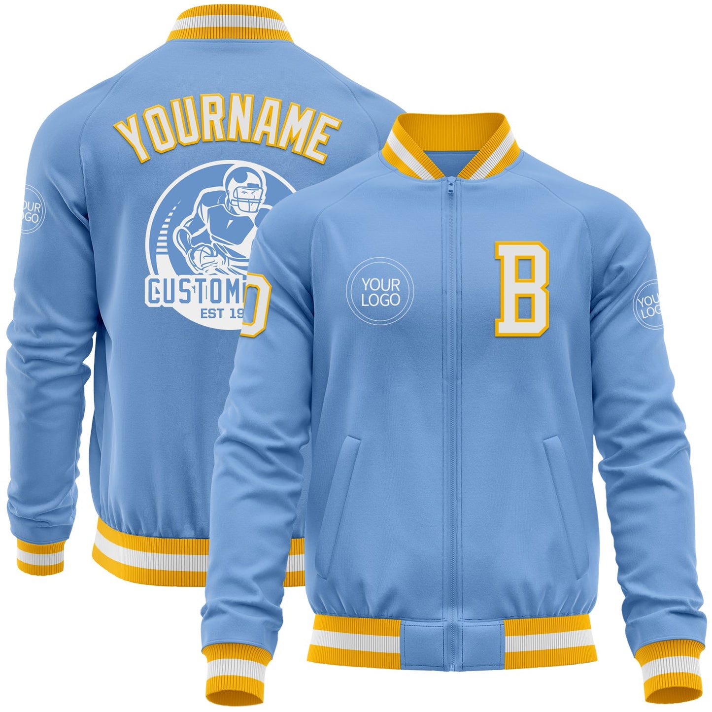 Custom Light Blue White-Gold Bomber Varsity Letterman Zipper Jacket - Main View