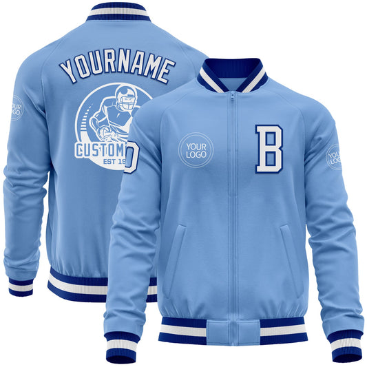 Custom Light Blue White-Royal Bomber Varsity Letterman Zipper Jacket - Main View