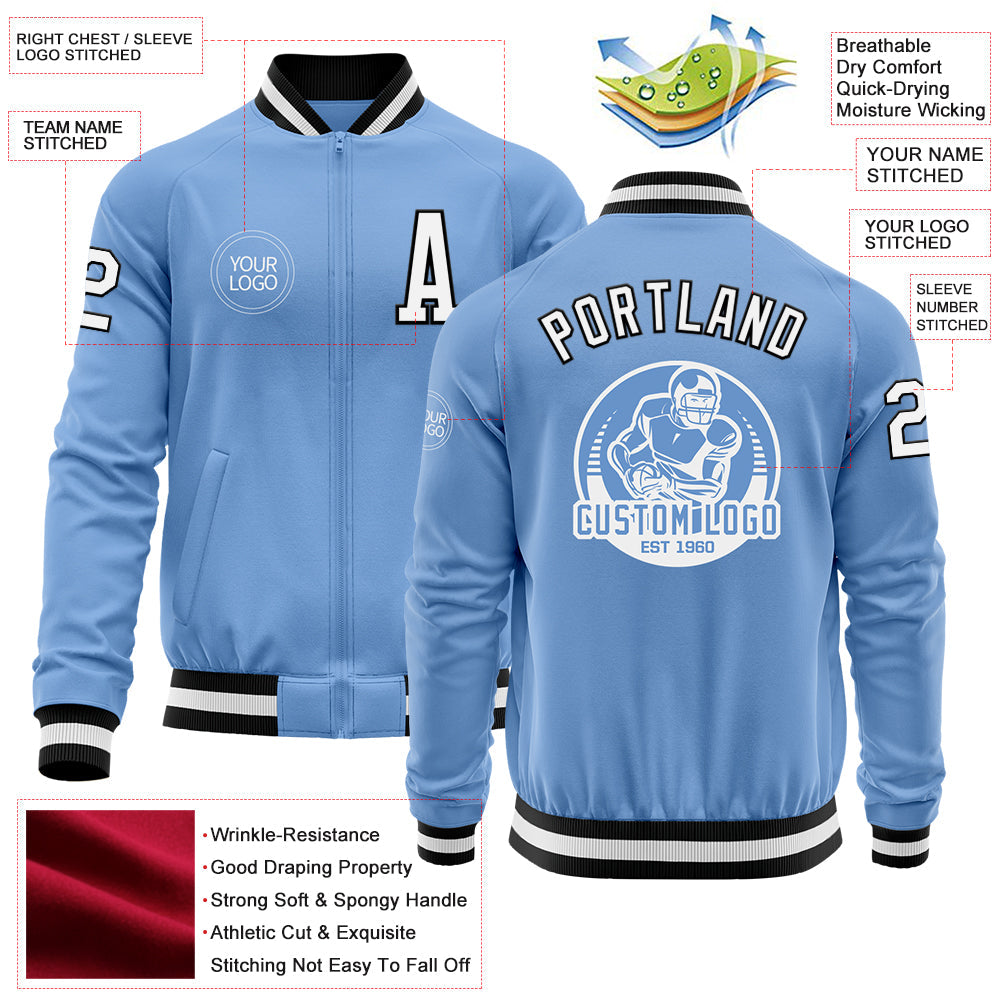 Custom Light Blue White-Black Bomber Varsity Letterman Zipper Jacket view 4