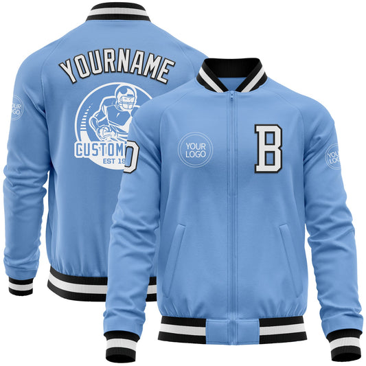 Custom Light Blue White-Black Bomber Varsity Letterman Zipper Jacket - Main View