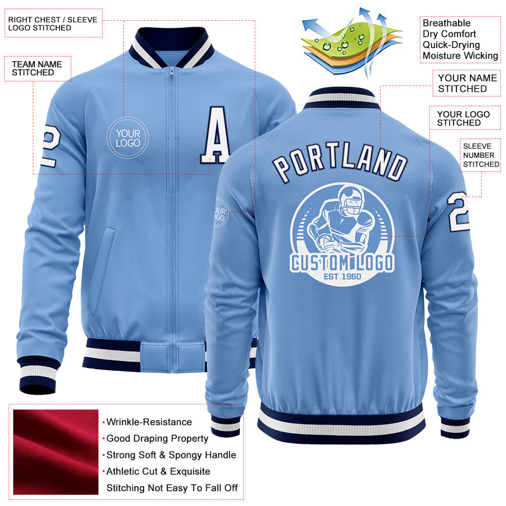 Custom Light Blue White-Navy Bomber Varsity Letterman Zipper Jacket view 4