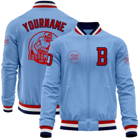 Custom Light Blue Red-Navy Bomber Varsity Letterman Zipper Jacket - Main View
