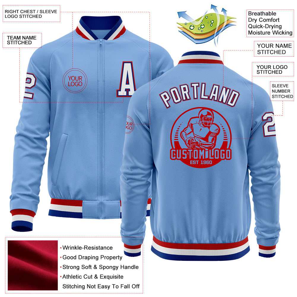 Custom Light Blue Royal-Red Bomber Varsity Letterman Zipper Jacket view 4