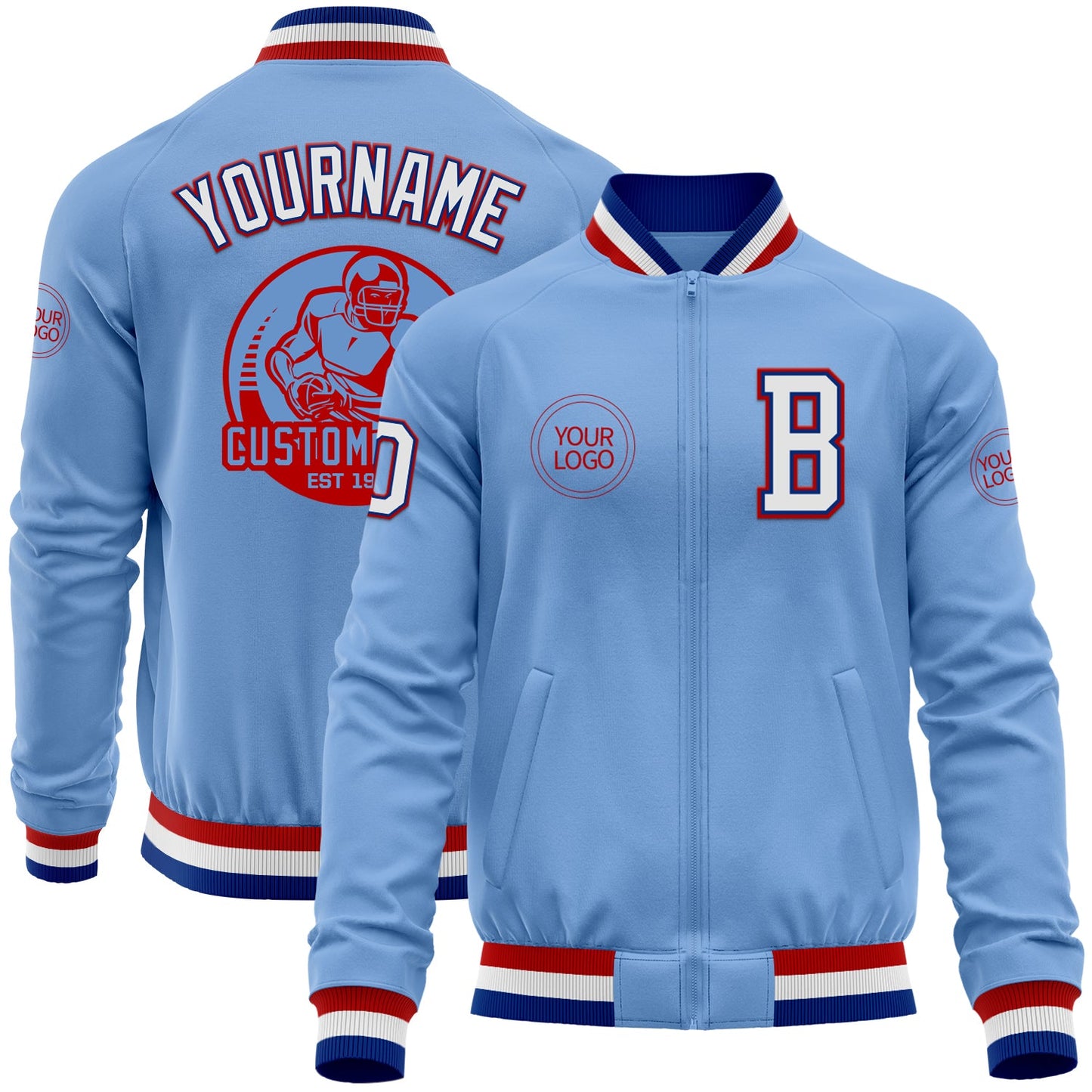 Custom Light Blue Royal-Red Bomber Varsity Letterman Zipper Jacket - Main View