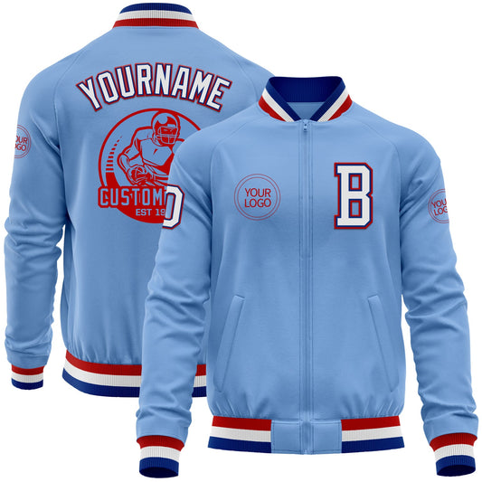 Custom Light Blue Royal-Red Bomber Varsity Letterman Zipper Jacket - Main View