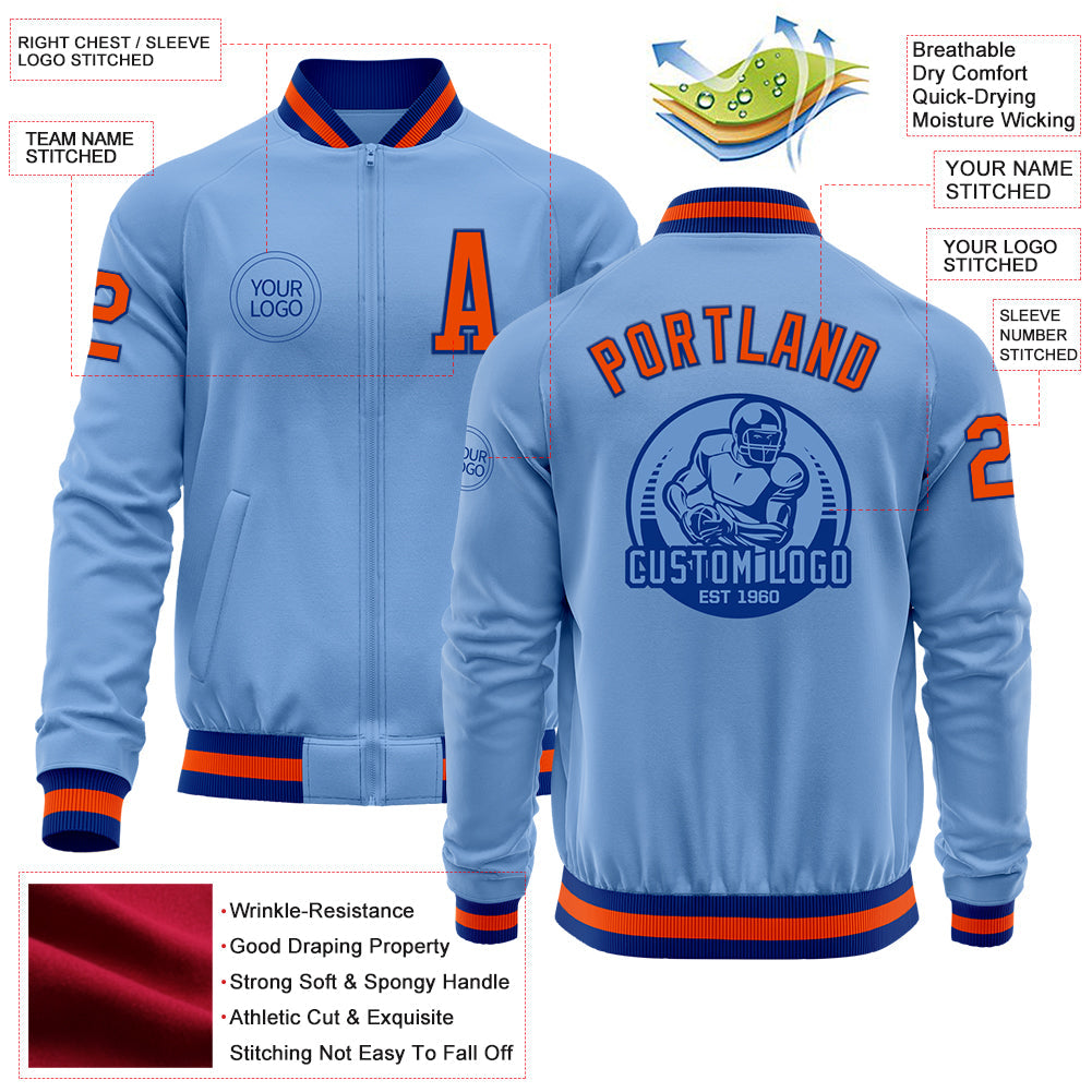 Custom Light Blue Orange-Royal Bomber Varsity Letterman Zipper Jacket view 4