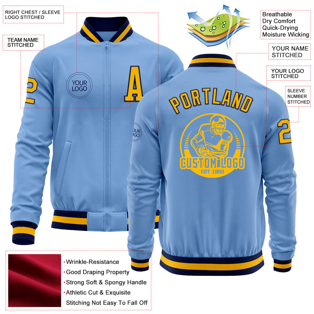 Custom Light Blue Gold-Navy Bomber Varsity Letterman Zipper Jacket view 4