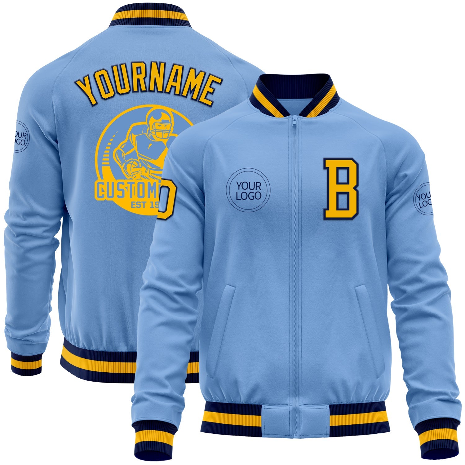 Custom Light Blue Gold-Navy Bomber Varsity Letterman Zipper Jacket - Main View