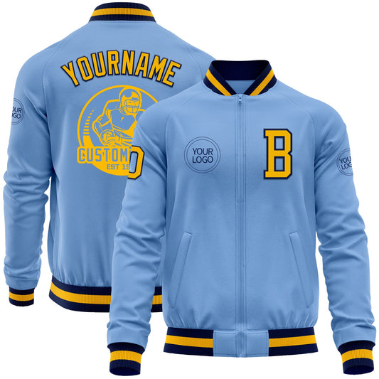 Custom Light Blue Gold-Navy Bomber Varsity Letterman Zipper Jacket - Main View