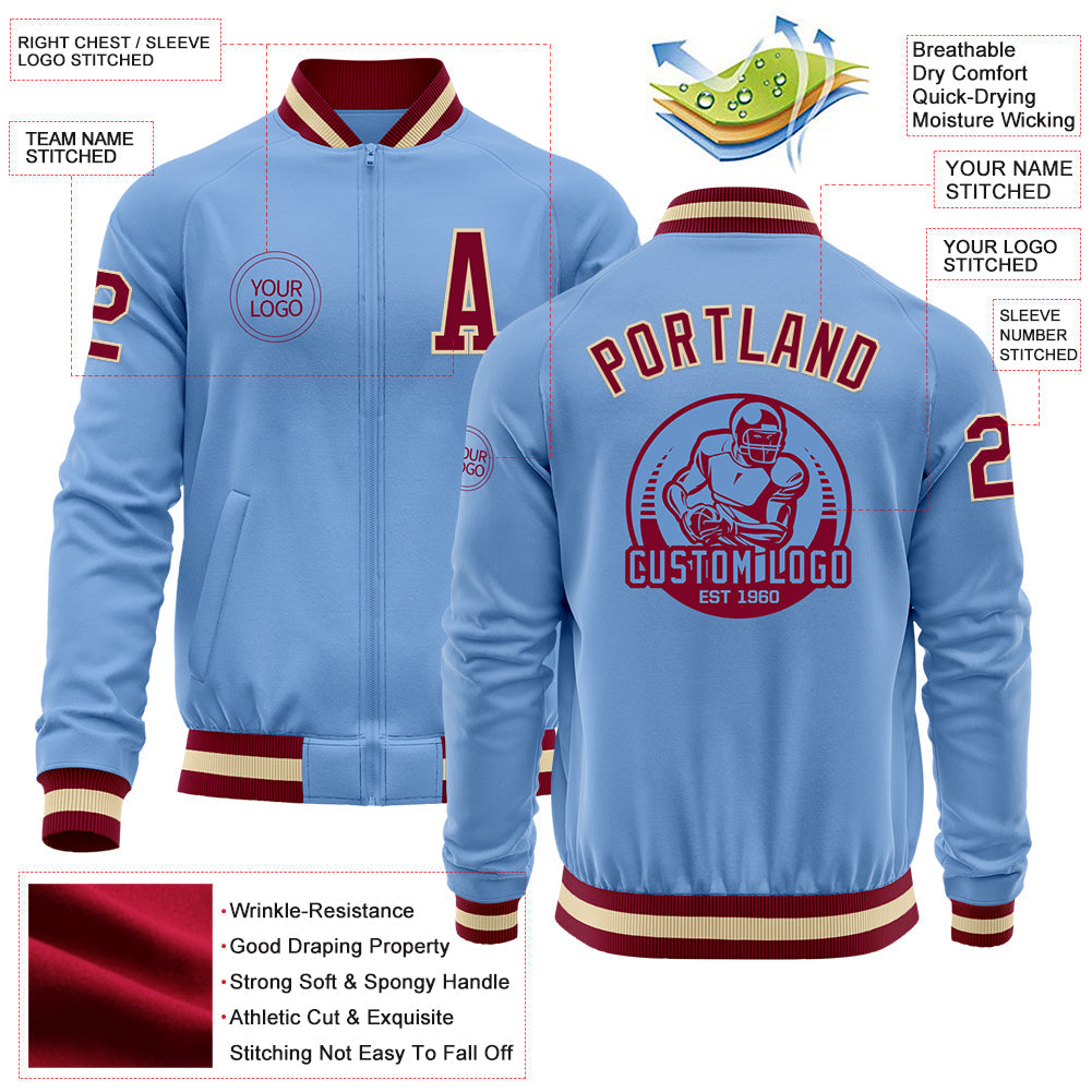 Custom Light Blue Maroon-Cream Bomber Varsity Letterman Zipper Jacket view 4