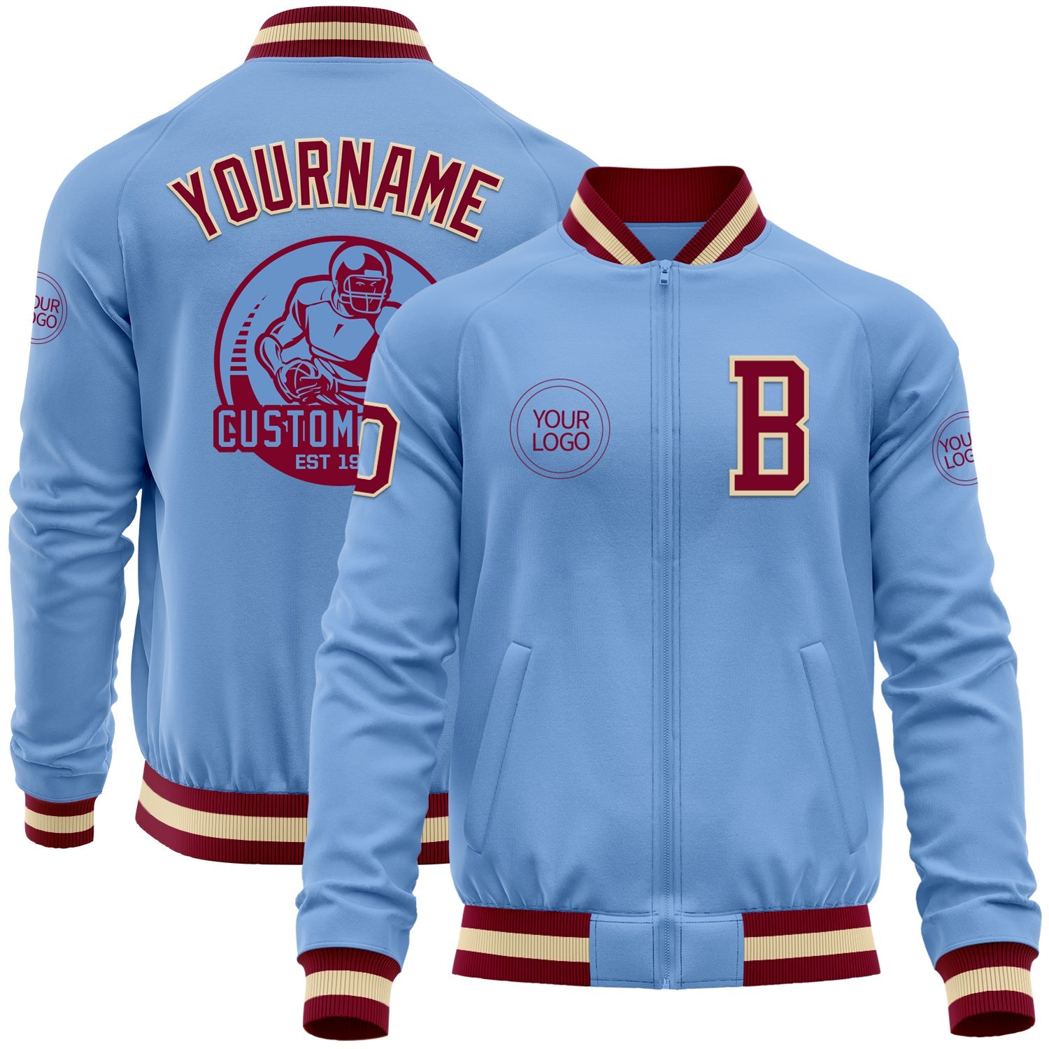 Custom Light Blue Maroon-Cream Bomber Varsity Letterman Zipper Jacket - Main View