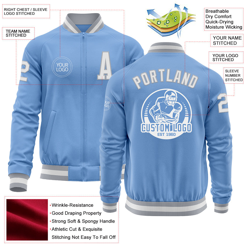 Custom Light Blue White-Gray Bomber Varsity Letterman Zipper Jacket view 4