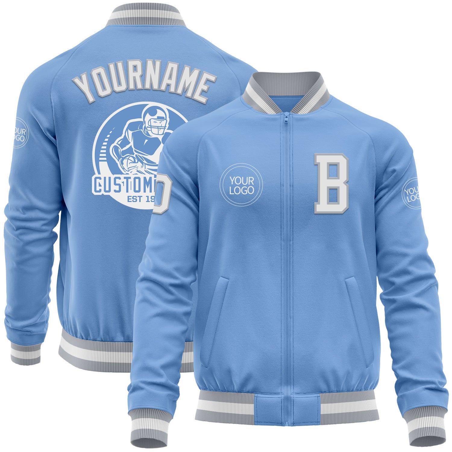 Custom Light Blue White-Gray Bomber Varsity Letterman Zipper Jacket - Main View
