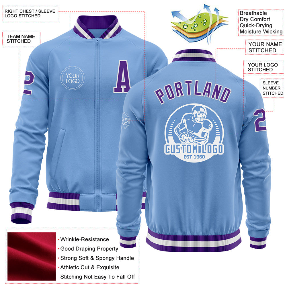 Custom Light Blue Purple-White Bomber Varsity Letterman Zipper Jacket view 4