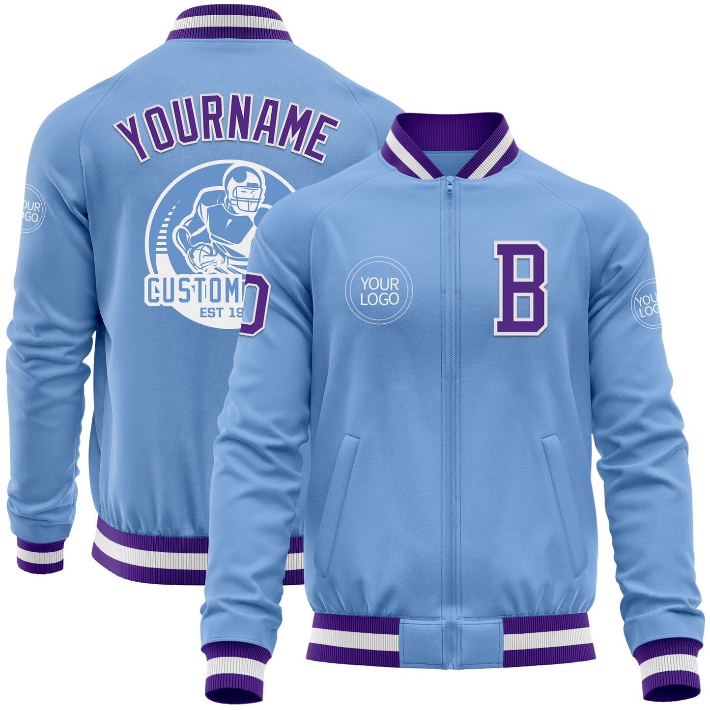 Custom Light Blue Purple-White Bomber Varsity Letterman Zipper Jacket - Main View