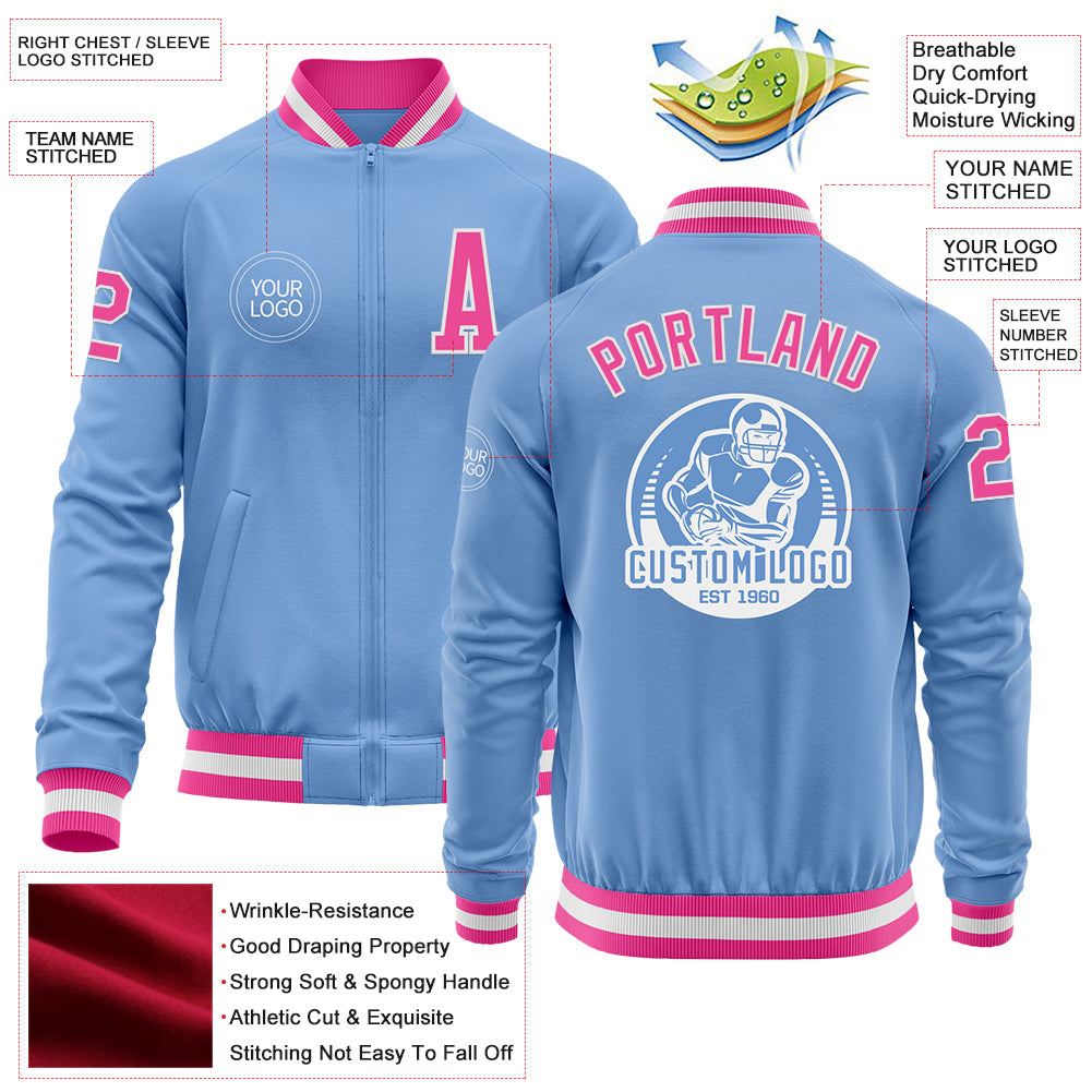 Custom Light Blue Pink-White Bomber Varsity Letterman Zipper Jacket view 4