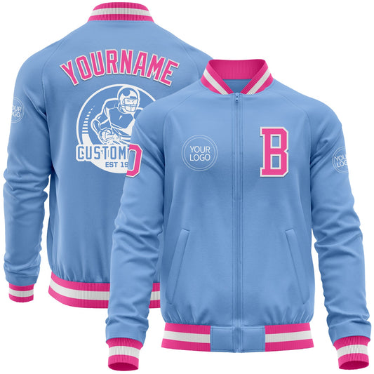 Custom Light Blue Pink-White Bomber Varsity Letterman Zipper Jacket - Main View