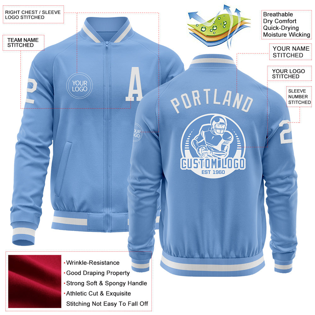 Custom Light Blue White Bomber Varsity Letterman Zipper Jacket view 4
