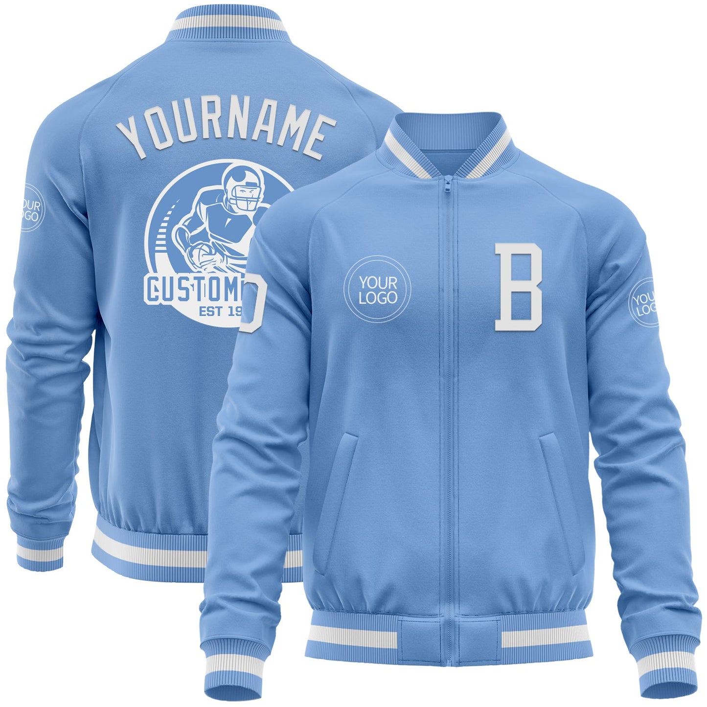 Custom Light Blue White Bomber Varsity Letterman Zipper Jacket - Main View