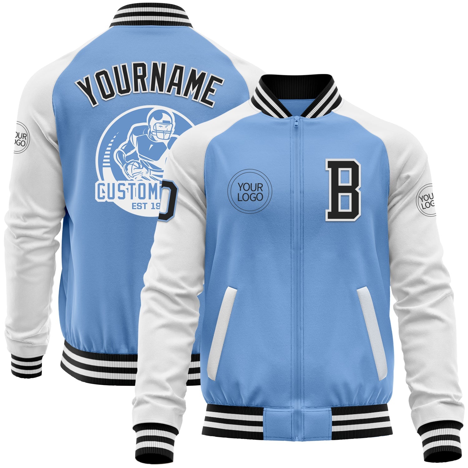 Custom Light Blue Black-White Bomber Varsity Letterman Two Tone Zipper Jacket - Main View