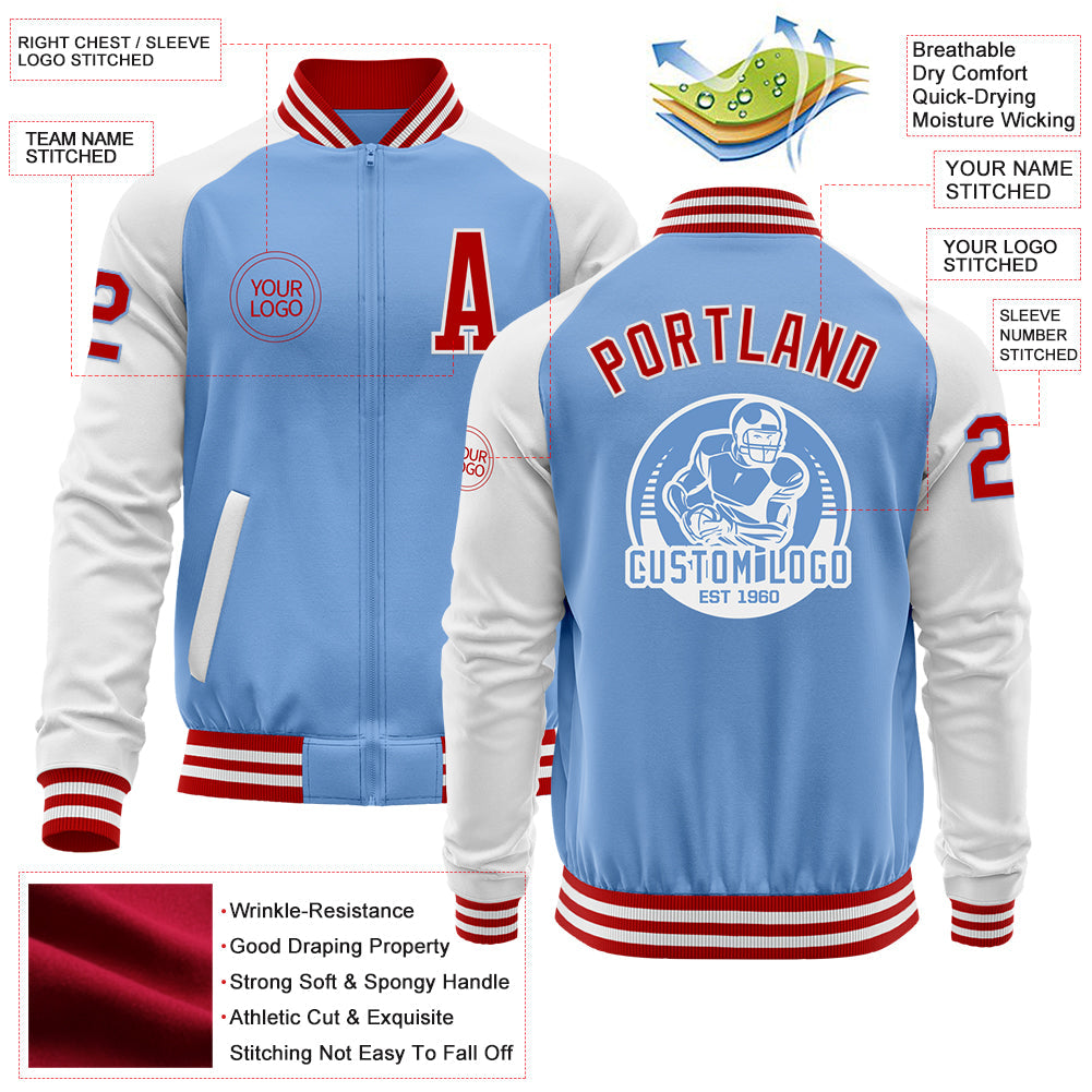 Custom Light Blue Red-White Bomber Varsity Letterman Two Tone Zipper Jacket view 4