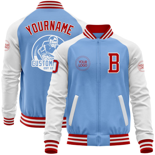Custom Light Blue Red-White Bomber Varsity Letterman Two Tone Zipper Jacket - Main View