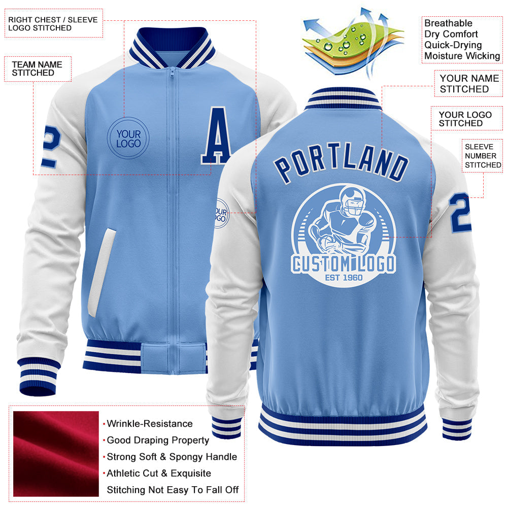 Custom Light Blue Royal-White Bomber Varsity Letterman Two Tone Zipper Jacket view 4