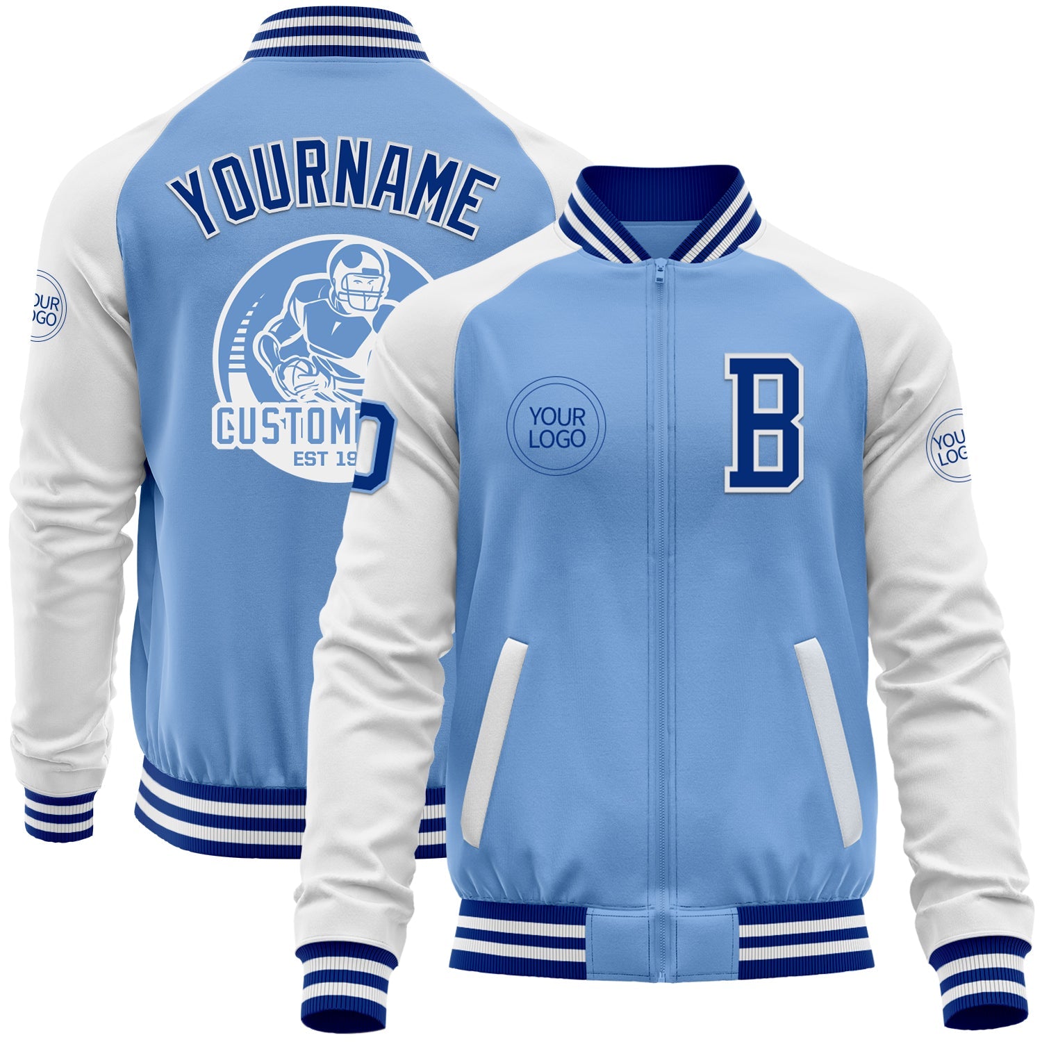Custom Light Blue Royal-White Bomber Varsity Letterman Two Tone Zipper Jacket - Main View