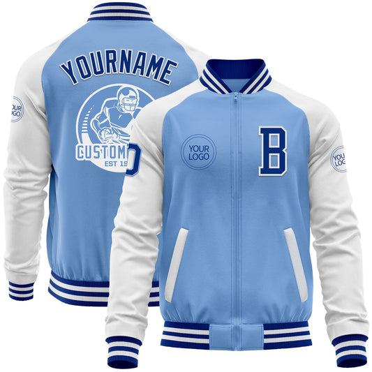 Custom Light Blue Royal-White Bomber Varsity Letterman Two Tone Zipper Jacket - Main View
