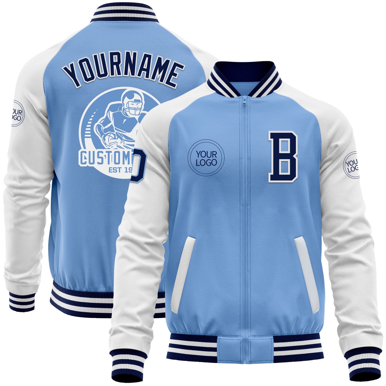Custom Light Blue Navy-White Bomber Varsity Letterman Two Tone Zipper Jacket - Main View