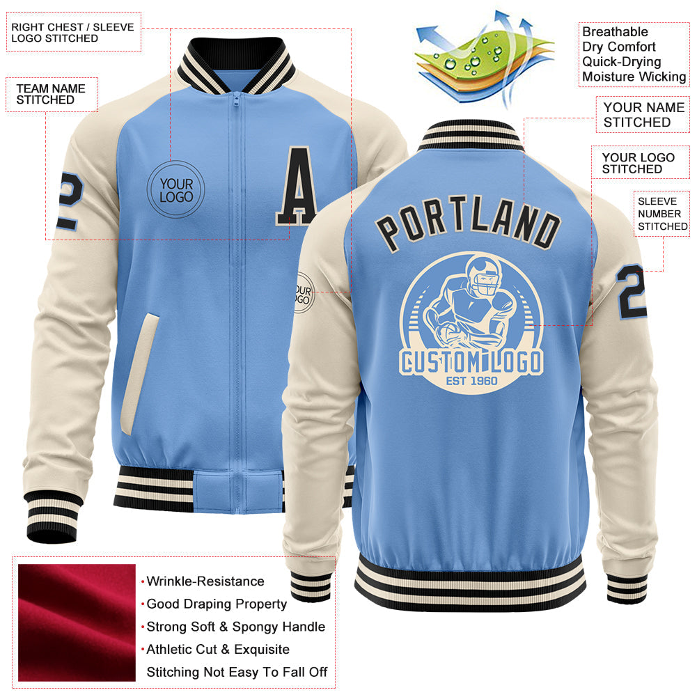 Custom Light Blue Black-Cream Bomber Varsity Letterman Two Tone Zipper Jacket view 4