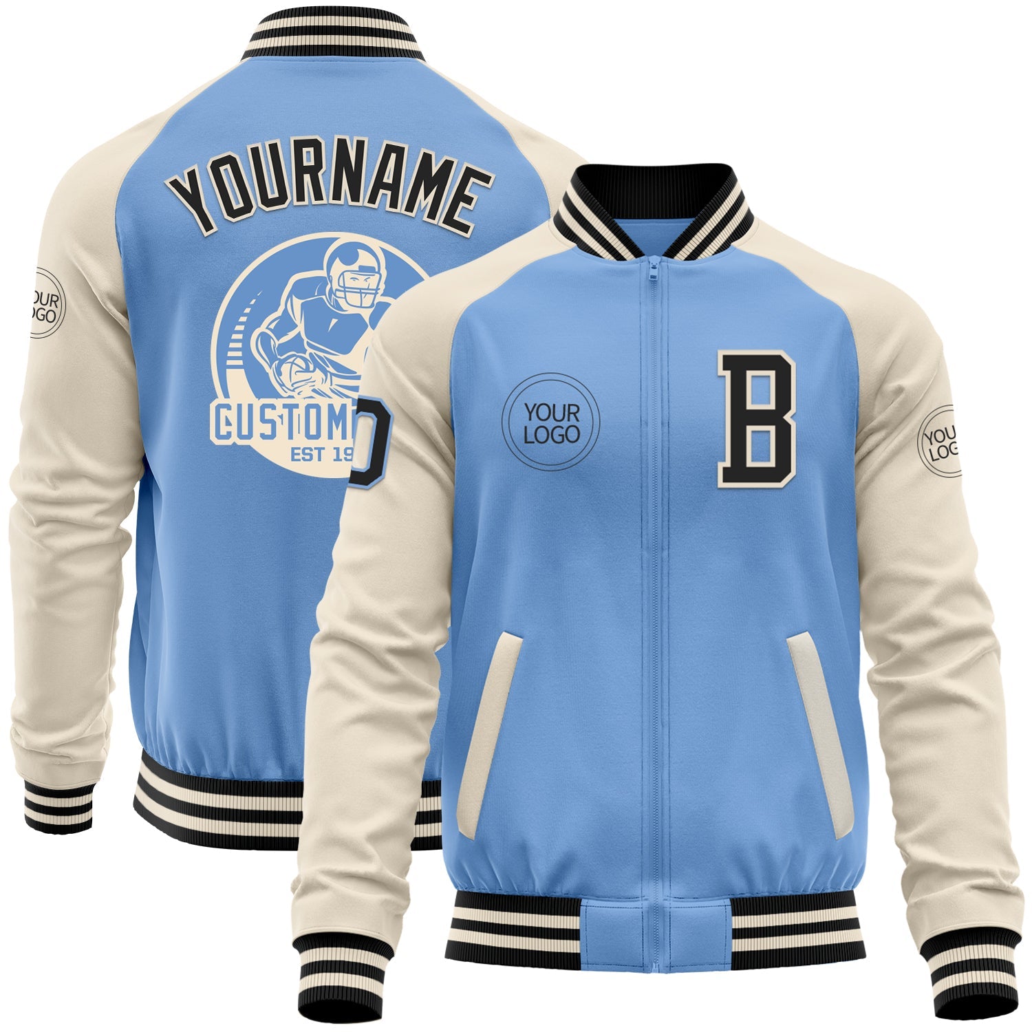 Custom Light Blue Black-Cream Bomber Varsity Letterman Two Tone Zipper Jacket - Main View