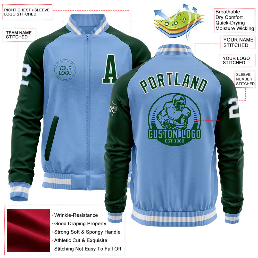 Custom Light Blue White-Green Bomber Varsity Letterman Two Tone Zipper Jacket view 4