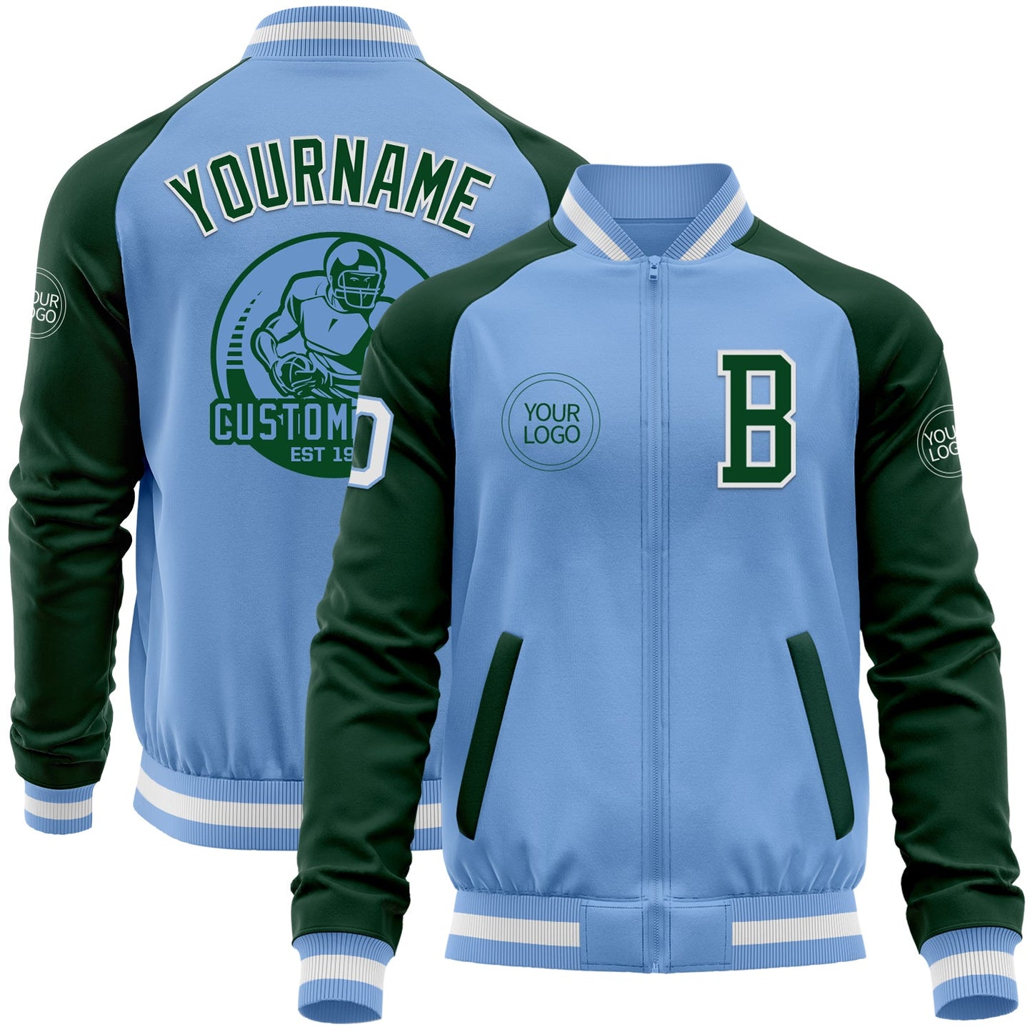 Custom Light Blue White-Green Bomber Varsity Letterman Two Tone Zipper Jacket - Main View