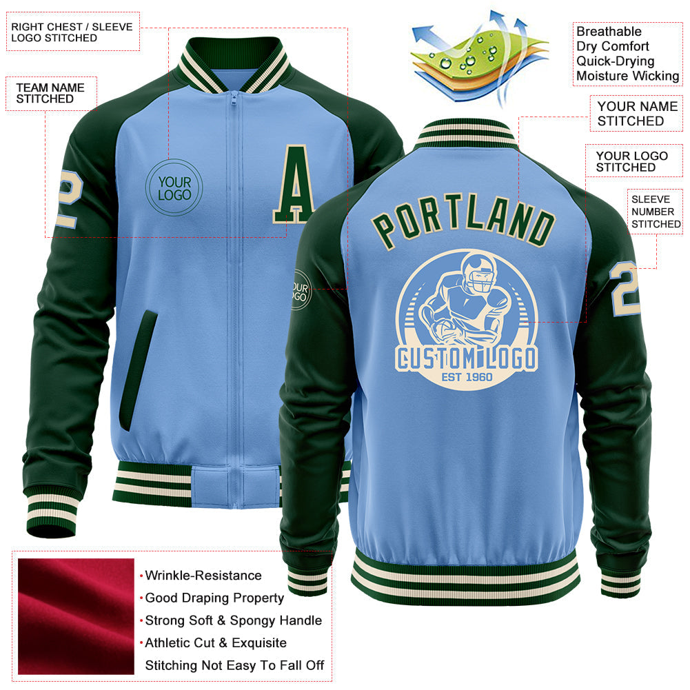 Custom Light Blue Cream-Green Bomber Varsity Letterman Two Tone Zipper Jacket view 4
