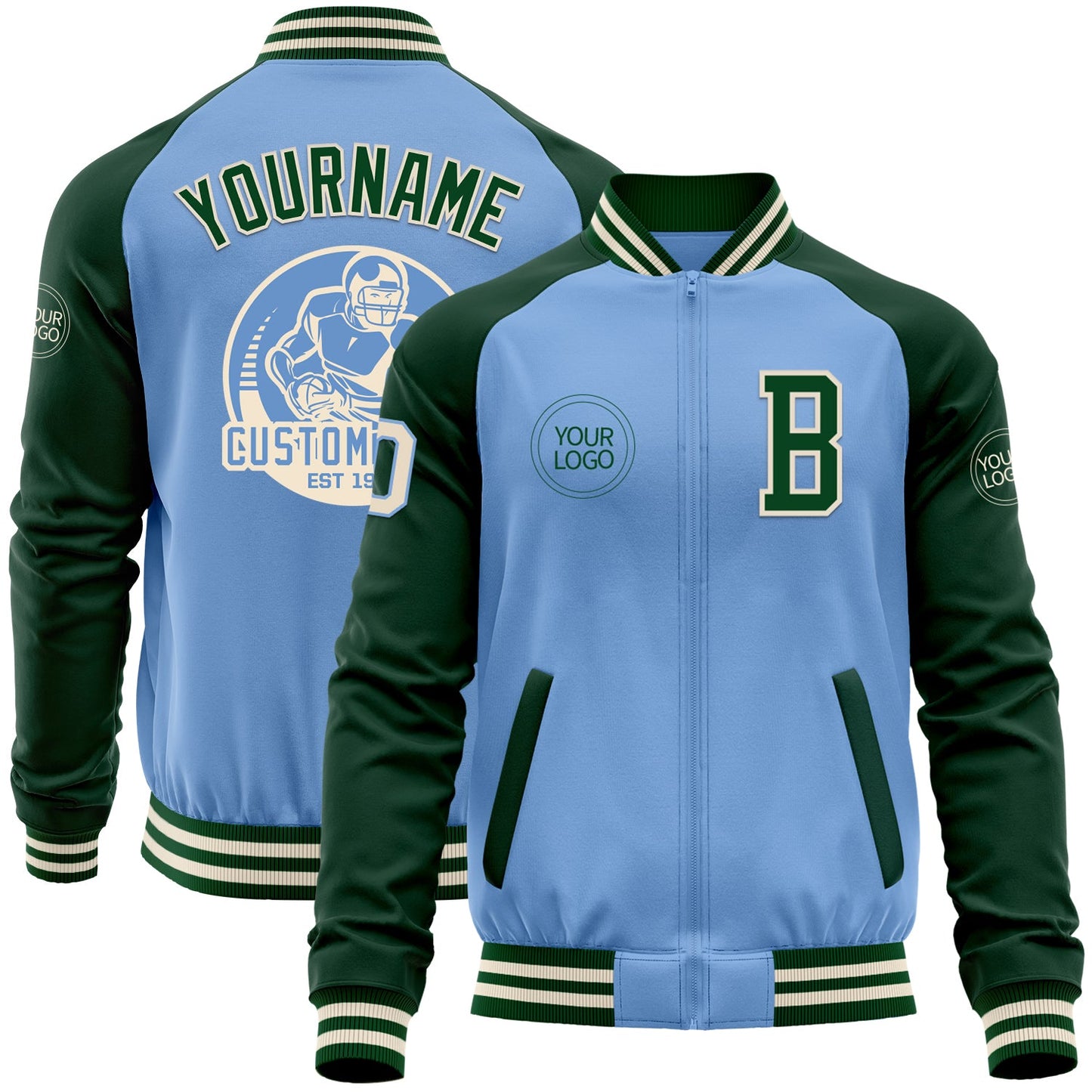 Custom Light Blue Cream-Green Bomber Varsity Letterman Two Tone Zipper Jacket - Main View