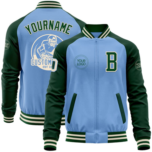 Custom Light Blue Cream-Green Bomber Varsity Letterman Two Tone Zipper Jacket - Main View