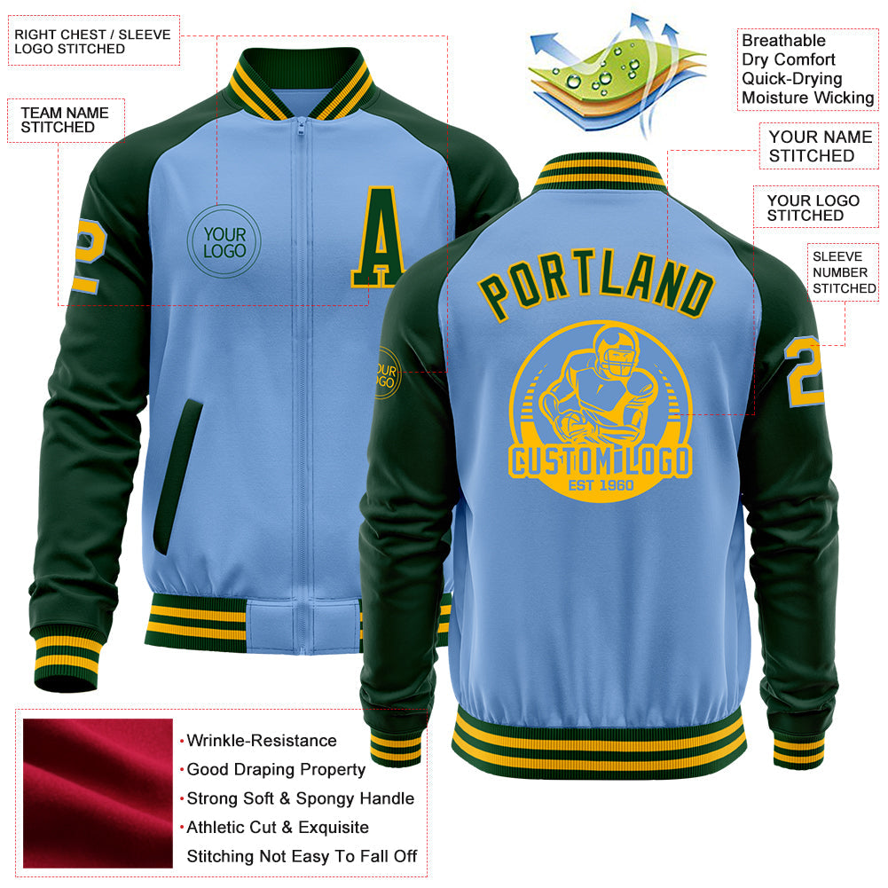Custom Light Blue Gold-Green Bomber Varsity Letterman Two Tone Zipper Jacket view 4