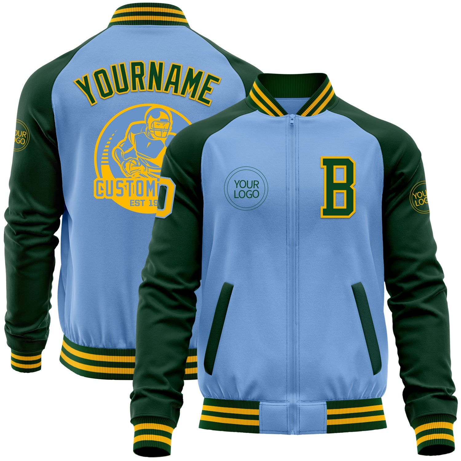 Custom Light Blue Gold-Green Bomber Varsity Letterman Two Tone Zipper Jacket - Main View
