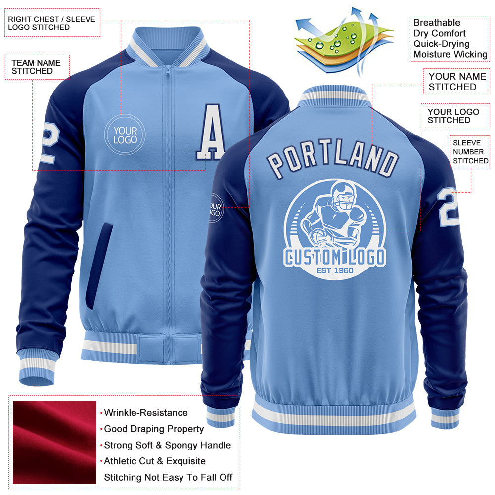 Custom Light Blue White-Royal Bomber Varsity Letterman Two Tone Zipper Jacket view 4